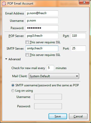 Capture d'écran - Digsby, configuration d'un compte e-mail POP Capture d'écran - Digsby, configuration d'un compte e-mail POP