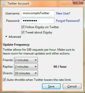 Capture d'écran - Digsby, ajout d'un compte Twitter Capture d'écran - Digsby, ajout d'un compte Twitter