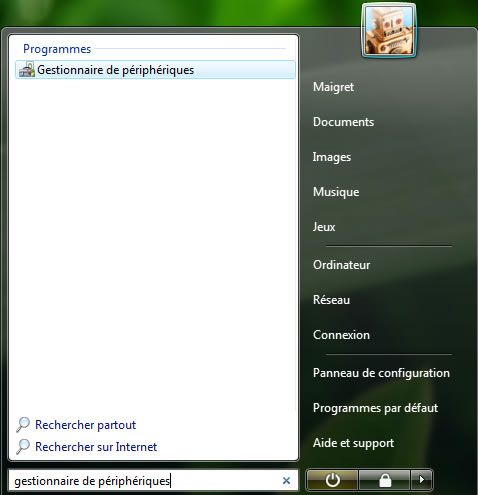 Capture d'écran - Menu Démarrer, saisie du Gestionnaire de périphériques Capture d'écran - Menu Démarrer, saisie du Gestionnaire de périphériques