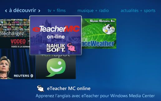 Capture d'écran - Windows Media Center, service eTeacher Capture d'écran - Windows Media Center, service eTeacher