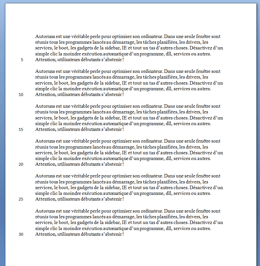Exemple de numérotation de lignes dans Word 2007 Exemple de numérotation de lignes dans Word 2007