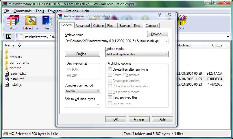 Capture d'écran - Ecrasement du fichier install.rdf dans WinRAR Capture d'écran - Ecrasement du fichier install.rdf dans WinRAR
