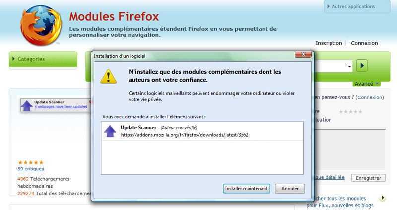 Capture décran - Installation de lextension Update Scanner sous Firefox 3 Capture décran - Installation de lextension Update Scanner sous Firefox 3