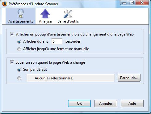 Capture décran - Options dUpdate Scanner Capture décran - Options dUpdate Scanner