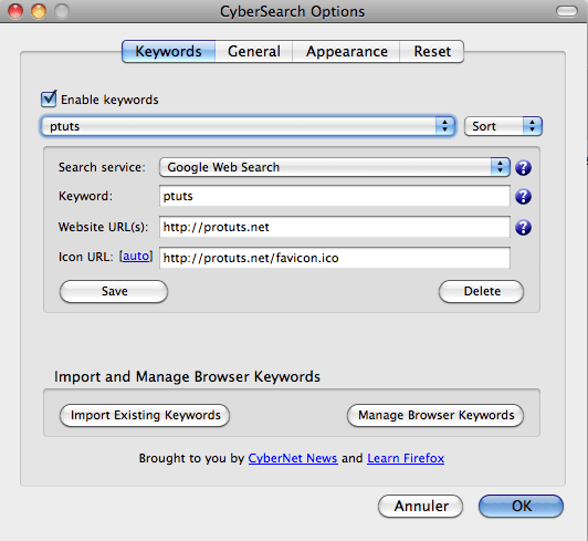Capture décran - Options de CyberSearch, onglet Keywords Capture décran - Options de CyberSearch, onglet Keywords