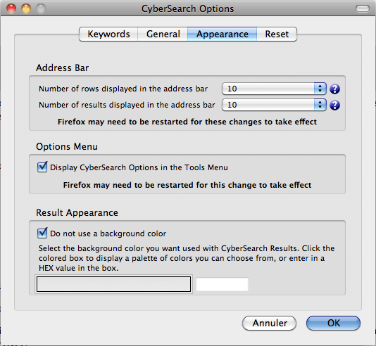 Capture décran - Options de CyberSearch, onglet Apparence Capture décran - Options de CyberSearch, onglet Apparence