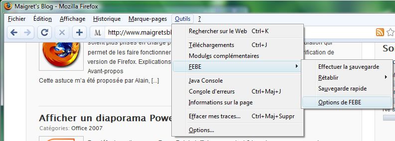 Capture d'écran - Configuration des options de Firefox Environment Backup Extension (FEBE) Capture d'écran - Configuration des options de Firefox Environment Backup Extension (FEBE)