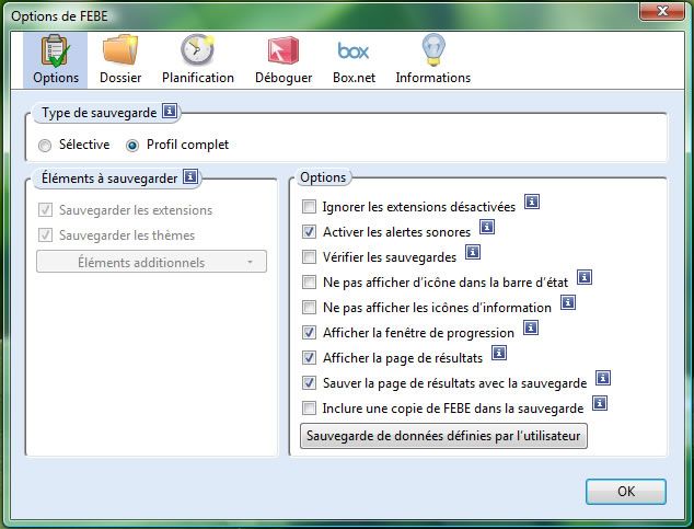 Capture d'écran - Configuration des options de Firefox Environment Backup Extension (FEBE) Capture d'écran - Configuration des options de Firefox Environment Backup Extension (FEBE)