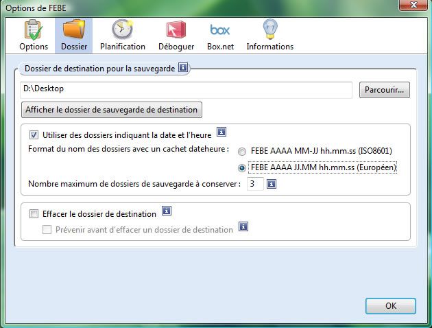 Capture décran - Configuration des options de Firefox Environment Backup Extension (FEBE) Capture d'écran - Configuration des options de Firefox Environment Backup Extension (FEBE)