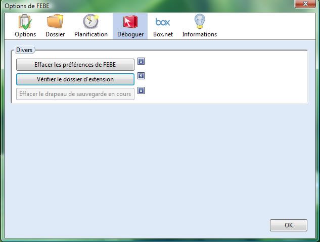 Capture d'écran - Configuration des options de Firefox Environment Backup Extension (FEBE) Capture d'écran - Configuration des options de Firefox Environment Backup Extension (FEBE)