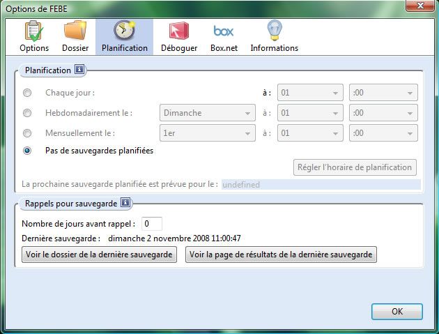 Capture d'écran - Configuration des options de Firefox Environment Backup Extension (FEBE) Capture d'écran - Configuration des options de Firefox Environment Backup Extension (FEBE)