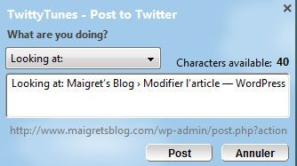 Capture décran - TwittyTunes et son module de saisie Capture décran - TwittyTunes et son module de saisie
