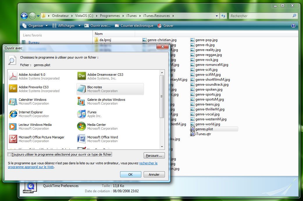 Capture d'écran - Explorateur Windows, ouverture du fichier genres.plist Capture d'écran - Explorateur Windows, ouverture du fichier genres.plist