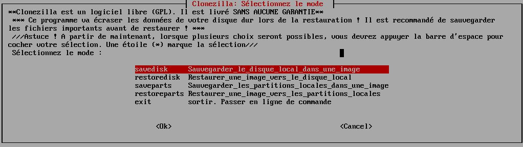 Capture décran - Choix du mode daction de Clonezilla Capture décran - Choix du mode daction de Clonezilla
