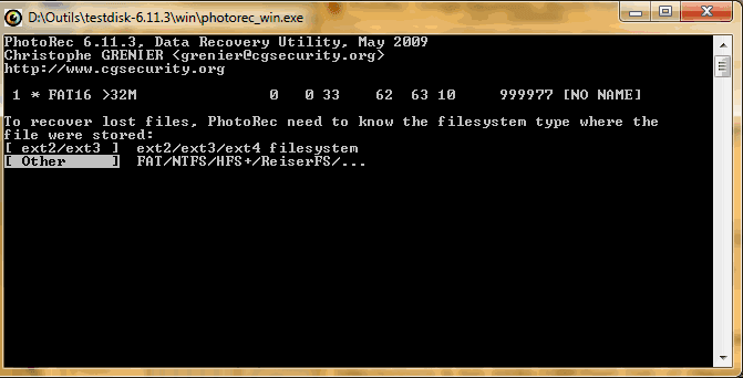 Capture décran - PhotoRec, choix du type de partition Capture d'écran - PhotoRec, choix du type de partition