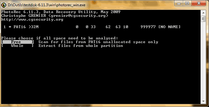 Capture décran - PhotoRec, sélection du type despace pour lanalyse Capture décran - PhotoRec, sélection du type despace pour lanalyse