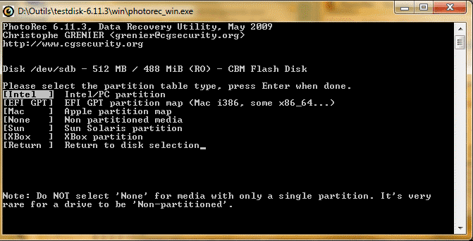 Capture décran - PhotoRec, sélection du type de partition Capture décran - PhotoRec, sélection du type de partition