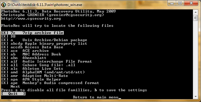 Capture décran - PhotoRec, choix du type de fichiers à restaurer Capture décran - PhotoRec, choix du type de fichiers à restaurer