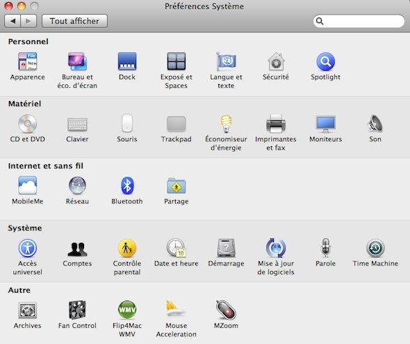 Capture d'écran - Préférences système de MacOS X Snow Leopard Capture d'écran - Préférences système de MacOS X Snow Leopard