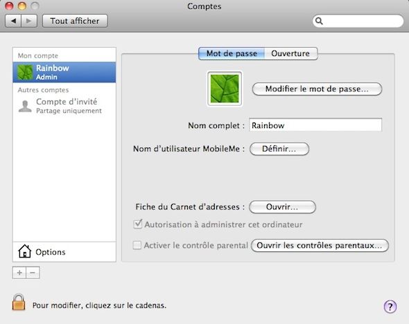 Capture d'écran - Options de configuration des comptes utilisateurs sous MacOS X Snow Leopard Capture d'écran - Options de configuration des comptes utilisateurs sous MacOS X Snow Leopard