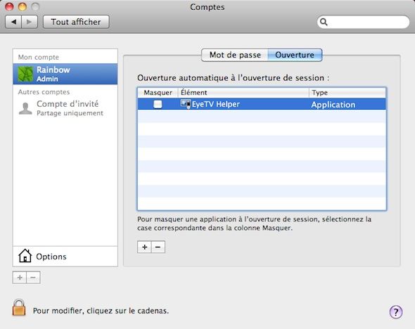 Capture d'écran - Options d'ouverture de session sous MacOS X Snow Leopard Capture d'écran - Options d'ouverture de session sous MacOS X Snow Leopard