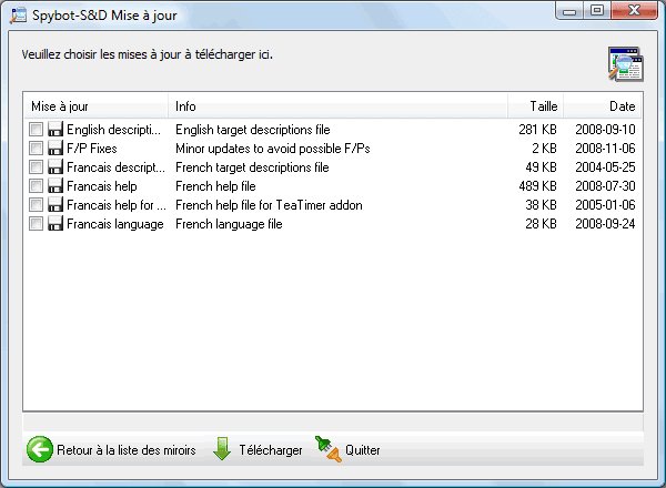 Liste des mises à jour disponibles pour SpyBot Liste des mises à jour disponibles pour SpyBot