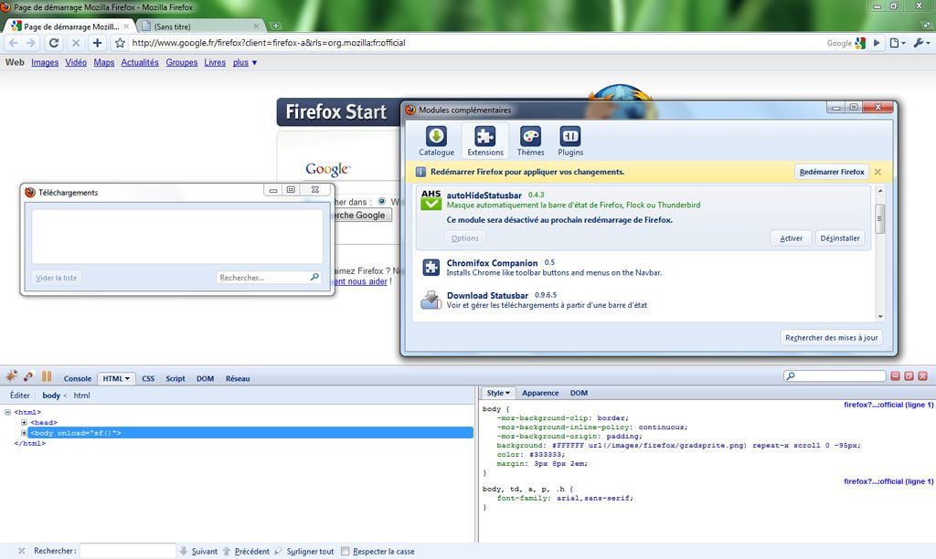 Capture décran - Mozilla Firefox adopte la Chrome attitude avec les modules téléchargements, extensions, recherche et Firebug Capture décran - Mozilla Firefox adopte la Chrome attitude avec les modules téléchargements, extensions, recherche et Firebug