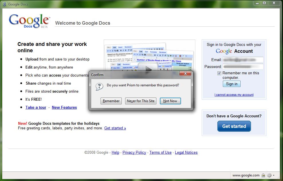 Capture d'écran - Mozilla Prism, test de Google Docs Capture d'écran - Mozilla Prism, test de Google Docs