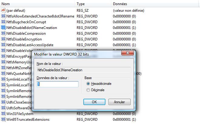 Capture d'écran - Modification de l'entrée NtfsDisable8dot3NameCreation Capture d'écran - Modification de l'entrée NtfsDisable8dot3NameCreation