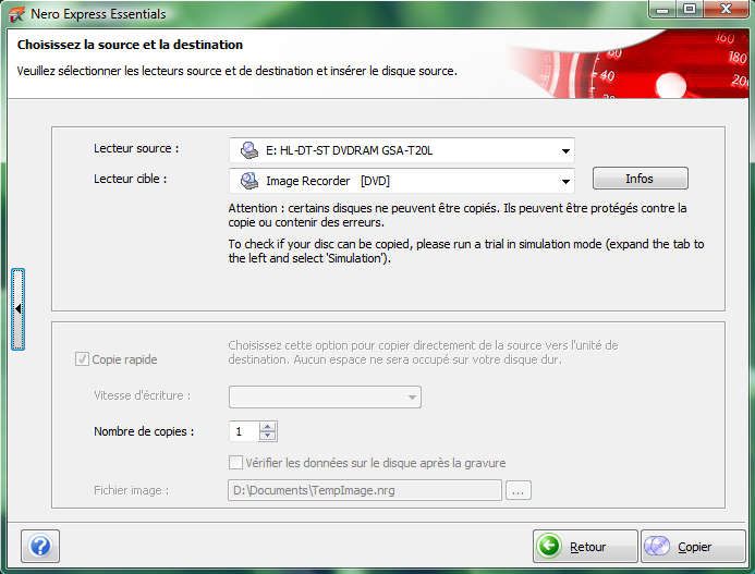 Capture décran - Nero Express, choix du lecteur cible Image Recorder Capture décran - Nero Express, choix du lecteur cible Image Recorder