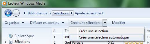 Capture décran - Windows Media Player 12, menu de création de sélection Capture décran - Windows Media Player 12, menu de création de sélection