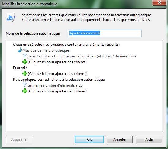 Capture décran - Windows Media Player 12, choix des différents critères de sélection Capture décran - Windows Media Player 12, choix des différents critères de sélection