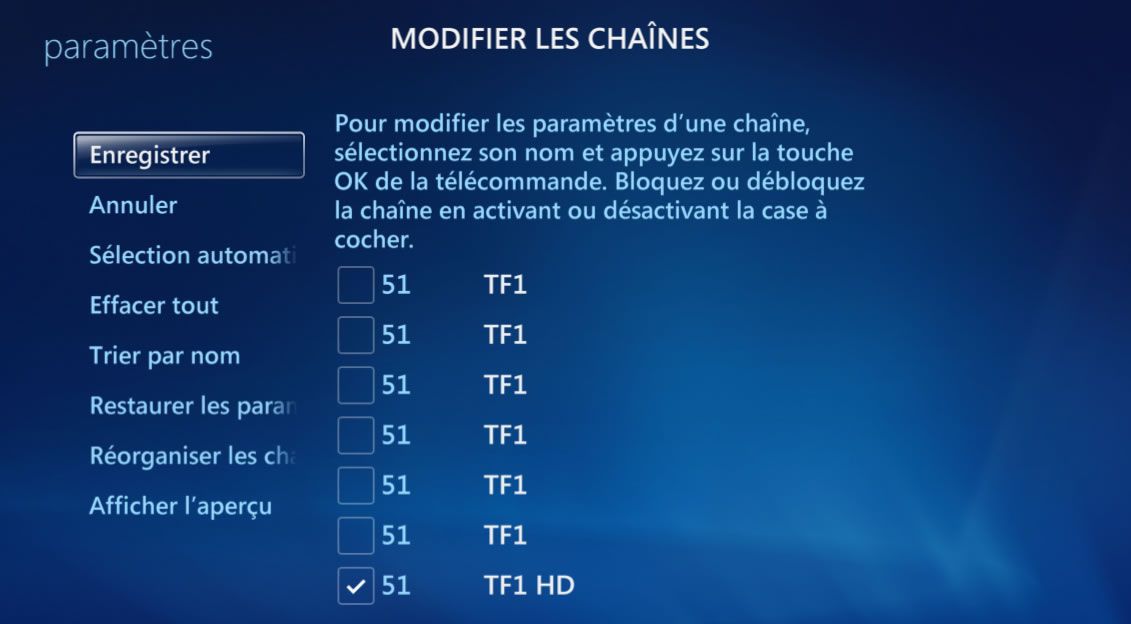 Capture décran - Menus Modifier les chaînes (Microsoft Windows Media Center) Capture décran - Menus Modifier les chaînes (Microsoft Windows Media Center)