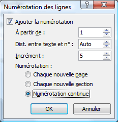 Options de numérotation des lignes Options de numérotation des lignes