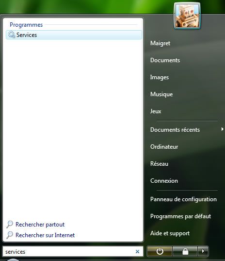 Capture d'écran - Menu Démarrer, accès aux services de Windows Vista Capture d'écran - Menu Démarrer, accès aux services de Windows Vista