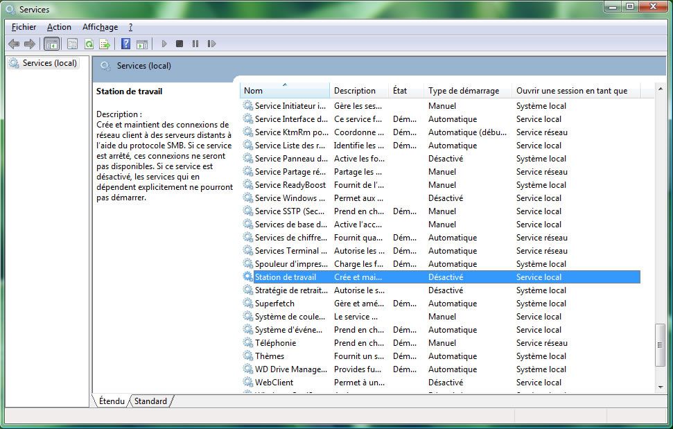 Capture d'écran - Recherche du service Station de travail Capture d'écran - Recherche du service Station de travail