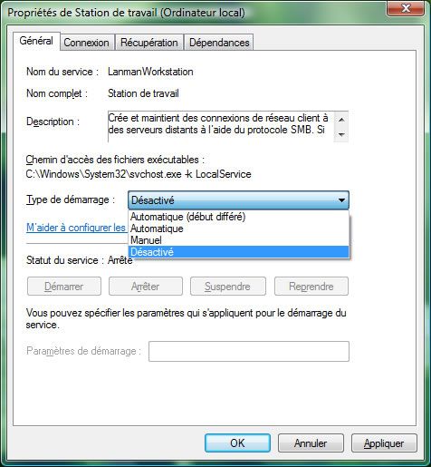Capture d'écran - Modification des propriétés du service Station de travail Capture d'écran - Modification des propriétés du service Station de travail