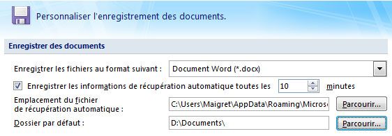 Capture décran - Word 2007, définition dun nouvel emplacement de stockage