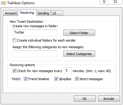 Capture décran - TwInbox options (onglet Receiving) Capture décran - TwInbox options (onglet Receiving)
