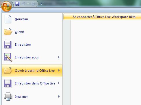 Capture décran - Menu Office, module de connexion à Office Live Workspace Capture décran - Menu Office, module de connexion à Office Live Workspace