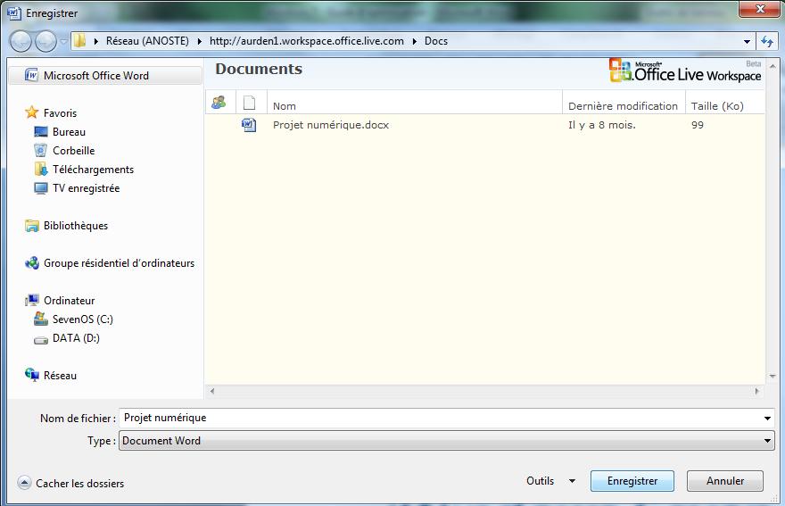Capture d'écran - Office Live Workspace, sauvegarde sur le serveur Capture d'écran - Office Live Workspace, sauvegarde sur le serveur