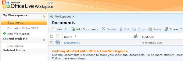 Capture décran - Environnement de travail Office Live Capture décran - Environnement de travail Office Live