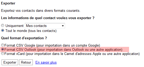 Capture décran - Paramètres dexportation des contacts Gmail Capture décran - Paramètres dexportation des contacts Gmail