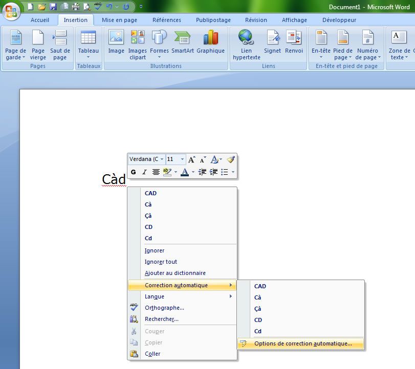 Capture décran - Options de correction automatique dans Word 2007 Capture décran - Options de correction automatique dans Word 2007