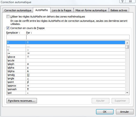 Capture décran - Options de correction automatique spécifiques aux mathématiques Capture décran - Options de correction automatique spécifiques aux mathématiques
