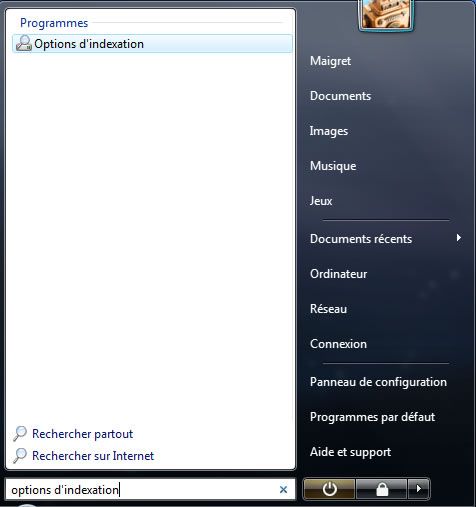Capture d'écran - Menu Démarrer, options d'indexation Capture d'écran - Menu Démarrer, options d'indexation