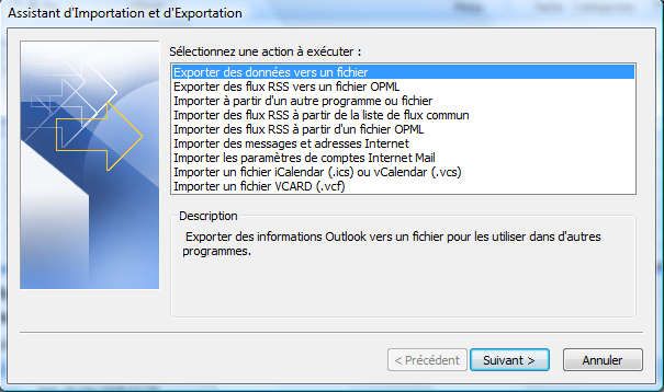 Capture décran - Outlook 2007, assistant dimport / export Capture décran - Outlook 2007, assistant dimport / export