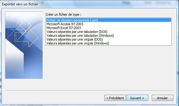 Capture décran - Outlook 2007, export au format PST Capture décran - Outlook 2007, export au format PST