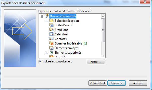 Capture décran - Outlook 2007, sélection des dossiers à inclure lors de lexportation Capture décran - Outlook 2007, sélection des dossiers à inclure lors de lexportation