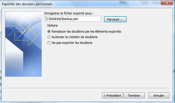 Capture décran - Outlook 2007, validation du processus dexportation Capture décran - Outlook 2007, validation du processus dexportation